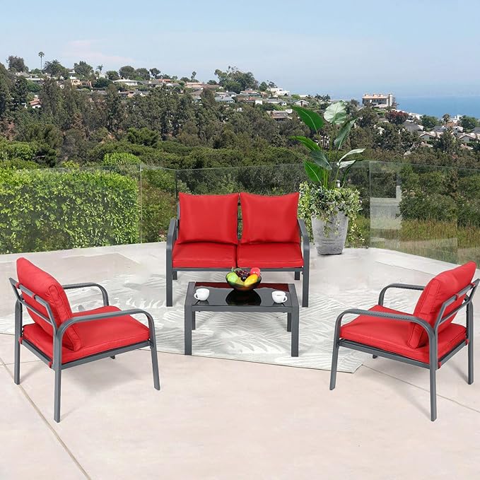 Athena Collection Patio Furniture Set 4 Pieces Outdoor Conversation Sets with Coffee Table & Cushions, All Weather Bistro Chairs Set for Balcony, Lawn, Garden, Poolside, Red