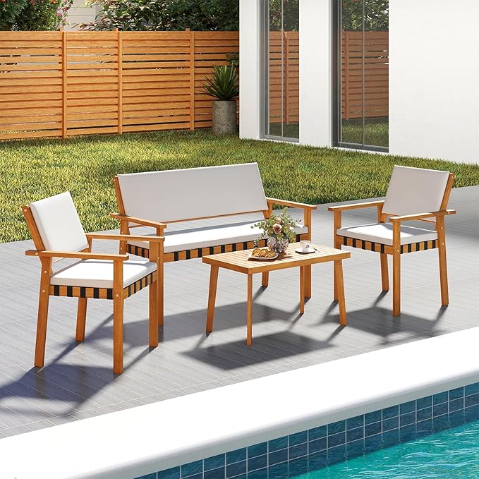 Tangkula 4 Pieces Wood Patio Furniture Set, Outdoor Acacia Wood Cuhioned Conversation Set with Coffee Table, for Backyard,Porch,Garden,Lawn