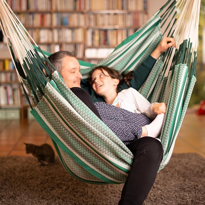 LA SIESTA - XL King Habana Cotton Hammock & Romano Steel Stand - Indoor/Outdoor Hanging Chair Swing for Bedroom, Porch, Balcony - Boho Hanging Chair - Agave