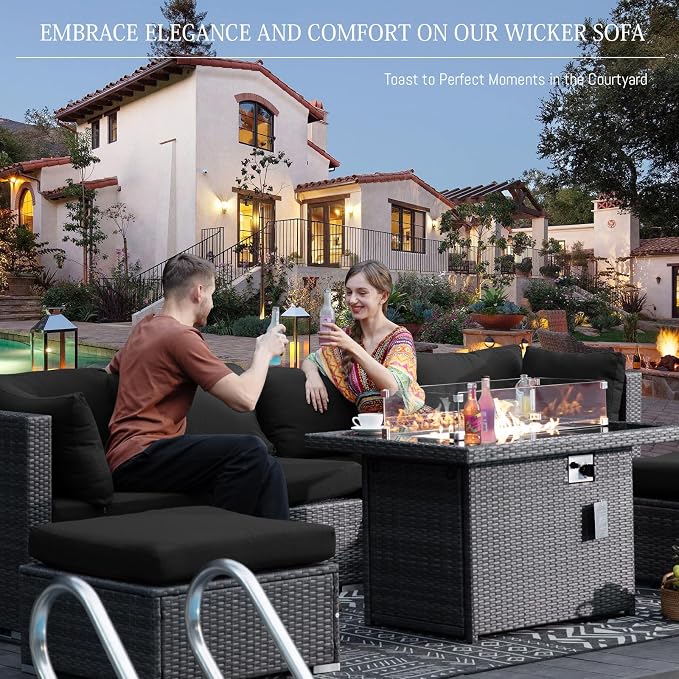 BULEXYARD 11 Piece Large High Back Outdoor Patio Furniture Sets with Firepit and Loungers, Cozy Extra Deep Wide Seating Sectional Conversation Couch Backyard Sitting Sets, Grey Wicker & Black Cushion