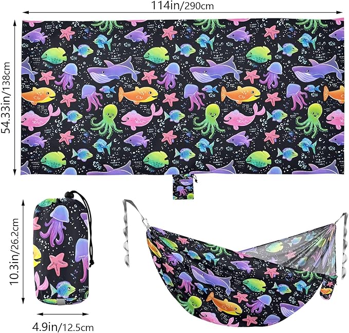 Camping Hammock Outdoor Hammocks for Outside Cute Marine Animal Beach Trees Portable Lightweight with Pockets Tree Straps Indoor