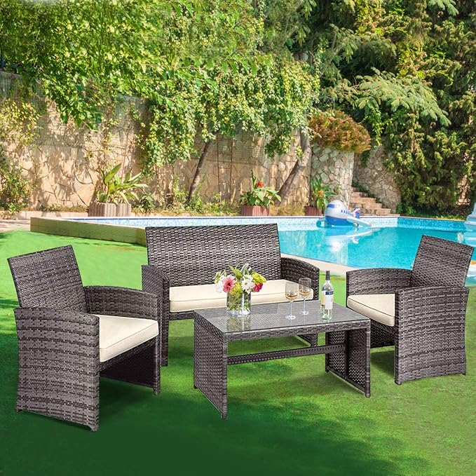 Goplus Rattan Patio Furniture Set 4 Pieces, Outdoor Wicker Conversation Sofa and Table Set with Soft Cushions & Tempered Glass Coffee Table for Balcony Garden Backyard (Beige(Mixed Color Wicker))