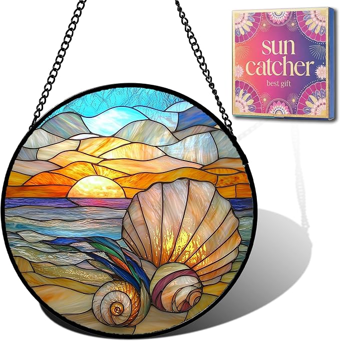 Birthday Gifts for Women - Beach Shell Faux Stained Glass Window Hanging Sun Catcher for Door Garden Acrylic Ocean Decor Mother's Day Christmas for Mom Men Nana Grandma Sisters 7.8"