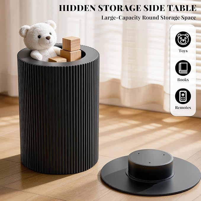 Round Side Table, 24" Fluted End Table with Storage, Mid Century Nightstand Modern Wood Bedside Accent Table, Farmhouse Circle End Tables for Home, Small Spaces, Bedroom, Living Room (Black) | Fluted End Table, Hidden Storage, Detachable Tray, Mid Cent...