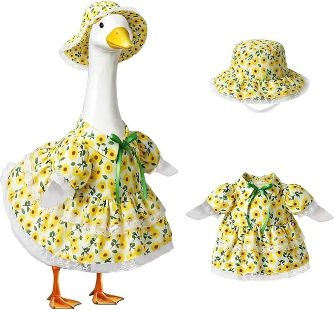 Porch Goose Outfit - Sunflower Dress & Lace Hat Set for 23 Inch Goose Statue,Spring Summer Outdoor Lawn Yard Decor, Home Porch Decoration