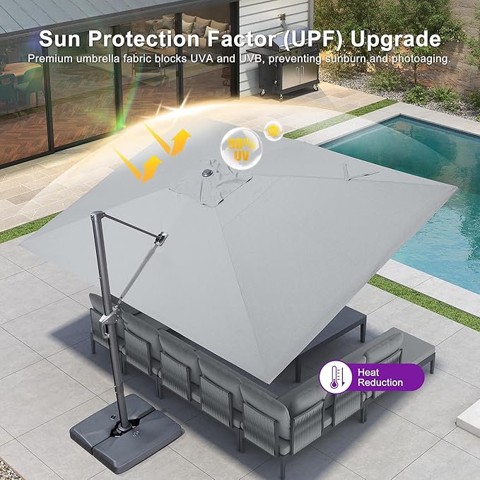 PURPLE LEAF Patio Umbrella 10' X 13' Rectangle Umbrella with Central Lights and Base Large Aluminum Outdoor Umbrellas with 360-degree Rotation & UPF40+ Fabric for Deck Pool Garden Yard, Pebble Grey