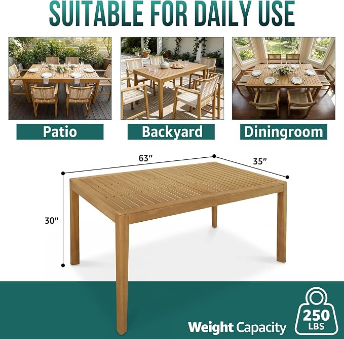 Acacia 63" L Classic Rectangular Outdoor Dining Table, Up to 6 Seats, Solid Eucalyptus Grandis Wood | Waterproof & UV Resistant, Low Maintenance & Easy Assembly Tables for Garden, Patio | Natural