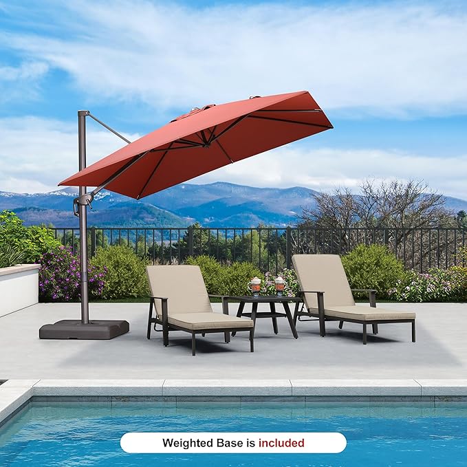 PURPLE LEAF 9' X 9' Patio Umbrella With Base Antique Bronze Square Cantilever Umbrella Outdoor with 360° Rotation and Aluminum Offset Hanging for Pool Deck Garden Backyard, Brick Red