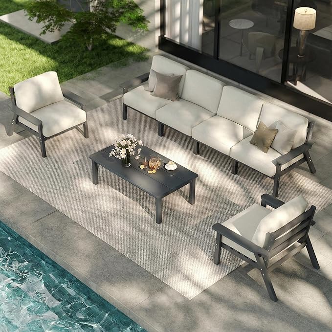 Patio Furniture Set 7 Seats, HDPE Outdoor Sectional with Beige Washable Thick Cushions, Coffee Table, Patio Conversation Sets for Lawn, Garden, Porch, Balcony, Deck (Grey Frame)