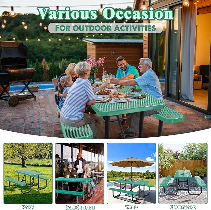 Ceridwen Heavy Duty Picnic Table with 2 Benches, Expanded Metal Steel Mesh Outdoor Patio Dining Table Bench Set with Umbrella Hole,Outdoor Patio Dining Table for Garden (Rectangular, Green, 6FT)