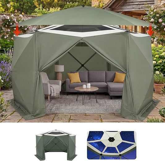 GarveeHome 13x13FT Pop Up Gazebo Screen Tent, 6-Sided Canopy with Detachable Eaves & Starry Sky Top, 210D Oxford Water-Proof Instant Shelter with Mosquito Netting for Backyard Camping, Green & Gray