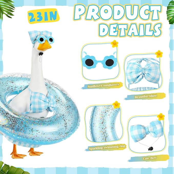 Bikini Porch Goose Outfits with Sunglasses and Swimming Tube for 23" Summer Goose Costume Garden Patio Statue Decor(Blue Plaid)