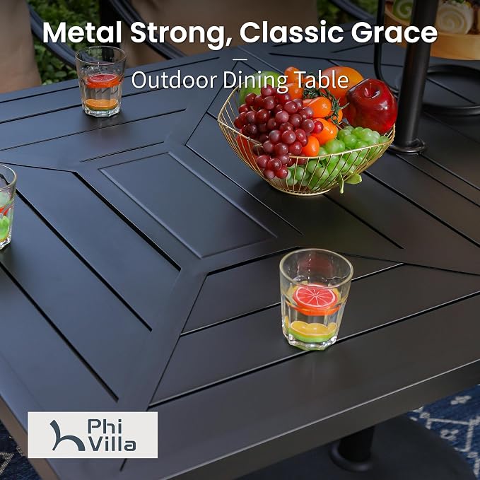 PHI VILLA 7 Piece Patio Dining Set, 64" Steel Table | Metal chairs, Fixed Chair, 1.57" umbrella hole, Cushions, powder-coated, 300 lb chair capacity