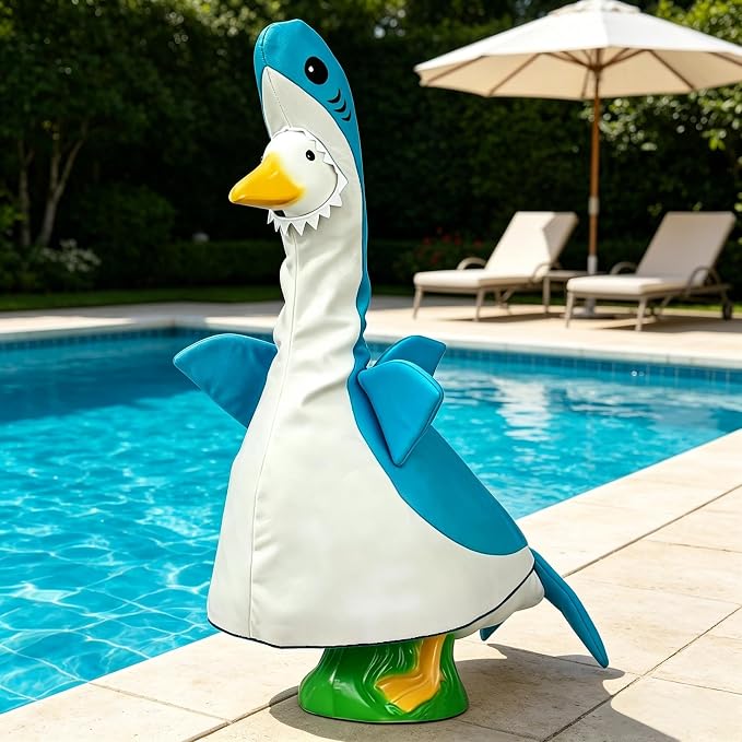 Summer Porch Goose Outfits for Large 23" H Statue Decor, Shark Blue | Costume Set Clothes, For Large Statue Decor, Outdoor Patio Lawn Garden, Plastic Cement Statue Decoration
