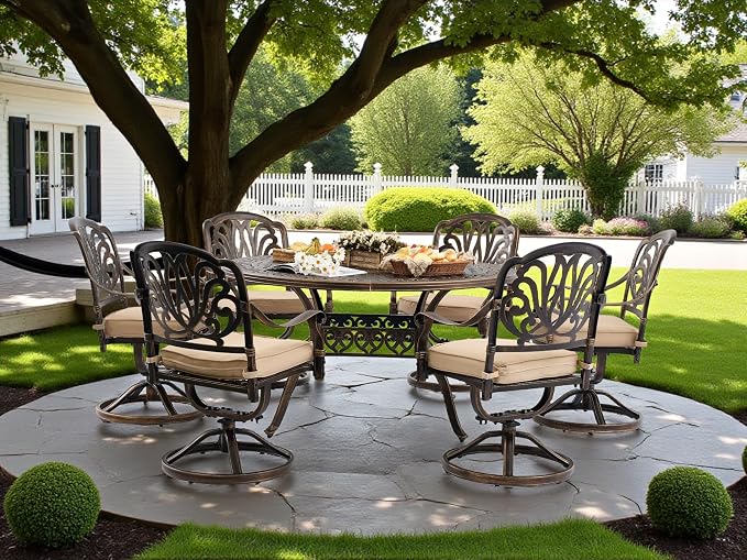 Outdoor Dining Set Cast Aluminum Retro Patio Dining Set with Thicker Cushion and Umbrella Hole for Patio Deck (Bronze Swivel Chair(Elizabeth), 7 Pcs(54" Round Table))