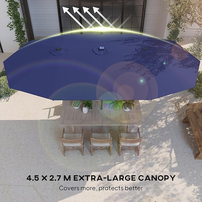Outsunny 14.8ft Double Umbrella, Large Outdoor Patio Sun Shade with LED Solar Light for Garden