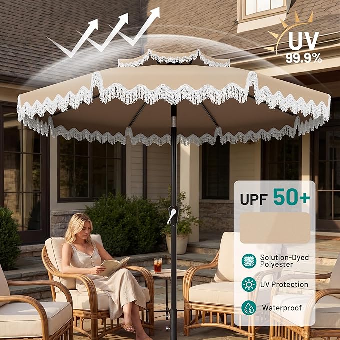 AreShark 9FT Patio Umbrella with Fringe, Wind-Resistant Fiberglass 8 Ribs Tassel Outdoor Umbrella with Crank and Push Button Tilt, Double Tier Vent Sun Shade for Pool, Deck, Backyard, Beige