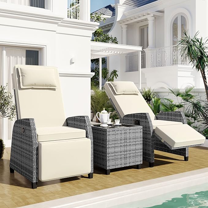 Merax Patio Conversation Set, Outdoor Rattan Chairs Set, Two-Person Combination with Coffee Table, Adjustable Chair, Suitable for Courtyard/Swimming Pool/Balcony, Beige