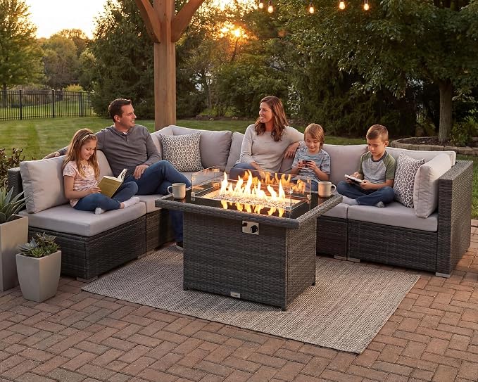 RADIATA 7 Piece Wicker Patio Furniture Set with Fire Pit, All-Weather Outdoor Sectional Couch High Back Large Size, Modular Backyard Seating Sofa Set with Propane/Natural Gas Firepit Table, Light Grey
