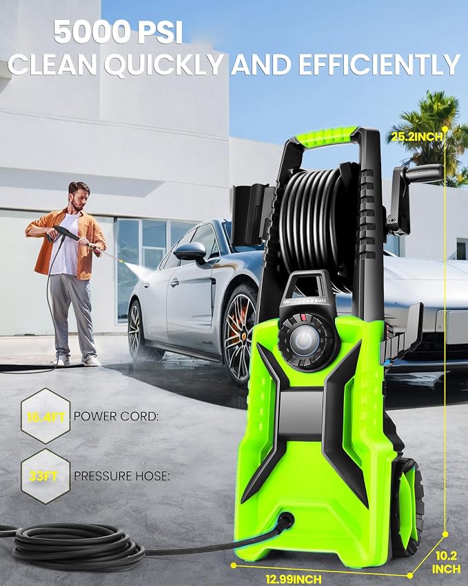 Electric Pressure Washer,5000 PSI 3.9GPM Adjustable Pressure,Power Washer Electric Powered with Foam Cannon,4 Nozzle,33FT Hose and Soap Bottle for Home/Cars/Fences (Green)
