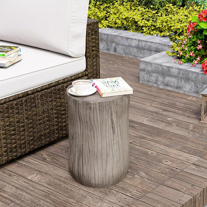 HOMPUS Concrete Outdoor Side TableSet of 2, 2 Piece Tree Stump Modern Round Coffee Table Accent Table Set Plant Stand Faux Wood End Table Garden Stool for Patio,Home Decor, Living Room, Silver Maple