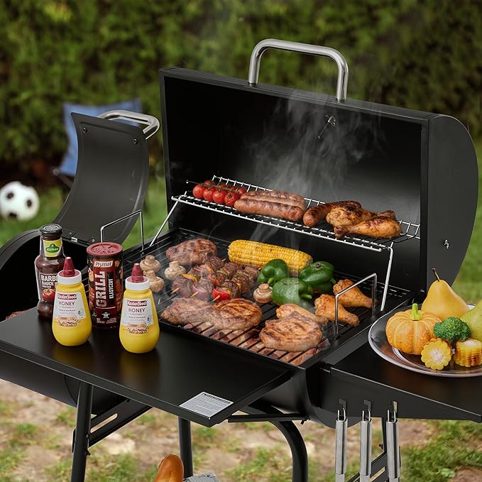 Barrel Charcoal Grill with Offset Smoker, Side Shelf with Hooks, Mesh Bottom Shelf, Blow-Molded Wheels, Outdoor Grilling and Backyard Cooking, CC1624S, Black