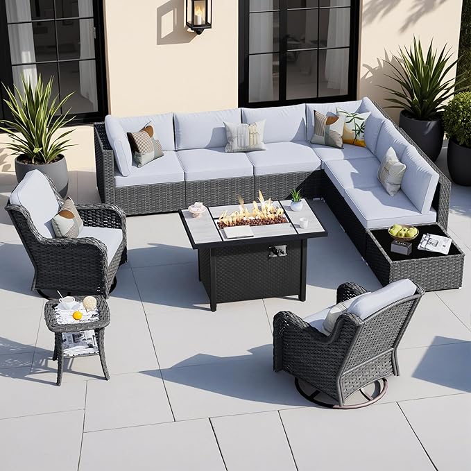 HOOOWOOO Outdoor Patio Furniture with Fire Pit Set 11 Pieces Patio Set with Fire Pit Wicker Outdoor Furniture with Fire Pit Table Set Patio Sectional Set with Swivel Chairs,Gray