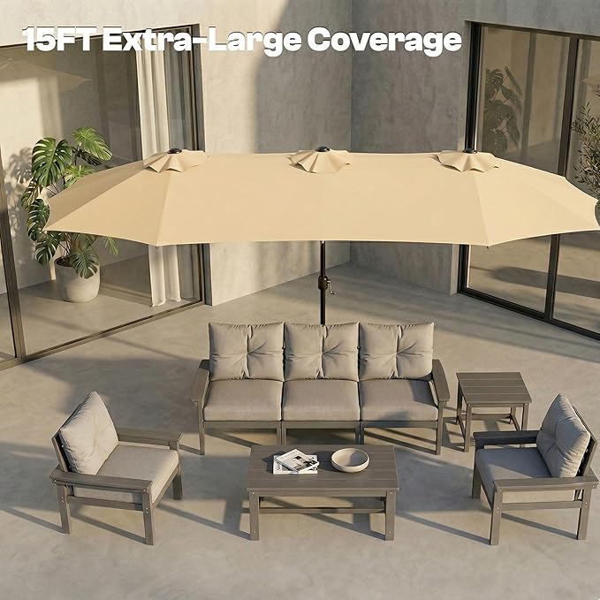 15FT Large Outdoor Patio Umbrella with Solar Lights and Base, Double-Sided Table Umbrellas with 48 LED Lights, Rectangle Market Umbrella for Pool, Deck, Backyard