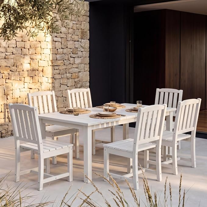 Perli™ 7-Piece Outdoor Dining Set, All-Weather HDPE Patio Table and 6 Chairs with Umbrella Hole, UV-Resistant Composite Wood Dining Furniture for Deck, Backyard, Poolside, White
