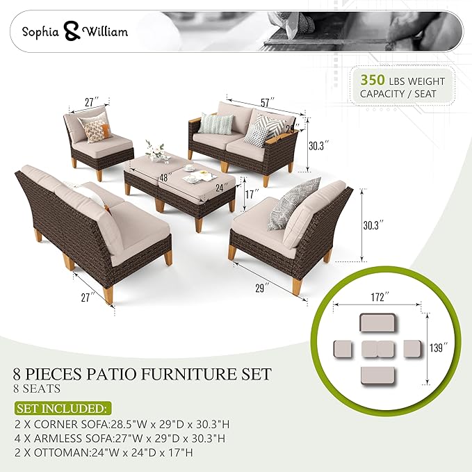Sophia & William Large Outdoor Patio Furniture Set High Back 8 Piece All-Weather Wicker Sectional Sofa Set Patio Conversation Set Couch with Ottomans,Clips & 4" Thick Cushions, Beige