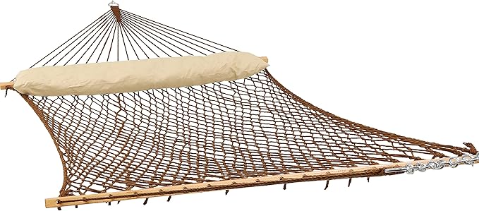 Sunnydaze Double Polyester Rope Hammock with Pillow - 400-Pound Weight Capacity - Brown