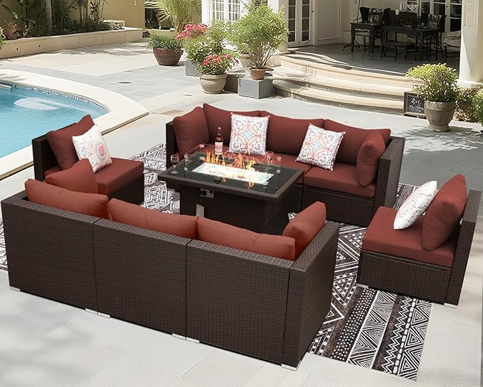 BULEXYARD 9 Pcs High Back Outdoor Sectional Set with Firepit Table, Modern Luxury Patio Furniture Seating Set, Oversized Wide Deep Modular 8-Seater Couch Sofa for Backyard, Brown Wicker & Red Cushion