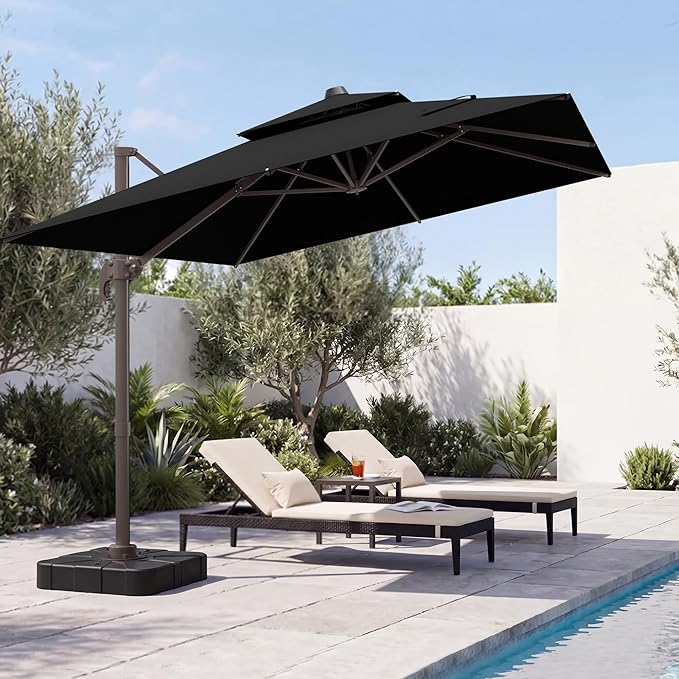 VEGOND 10x10 FT Patio Cantilever Umbrella with Base, Rectangular Heavy Duty Offset Umbrella for 6-8 People, 360°Rotation & Mult Tilt, Double Top Design, for Pool Garden Deck (Black)