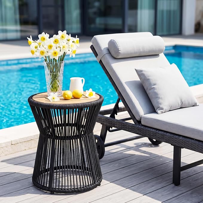 Garvee Outdoor Small Side Table, 20’’ h Patio Rattan End Table with Wood Top Round Coffee Table for Living Room Outdoor Patio Backyard Poolside