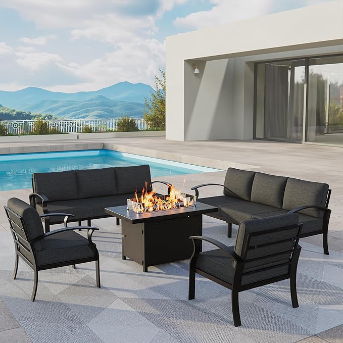 ALAULM Aluminum Patio Furniture Set with Propane Fire Pit Table 8-seat Metal Outdoor Furniture w/Fire Pit Patio Conversation Set w/5.1" Cushions for Patio, Backyard, Poolside-Black