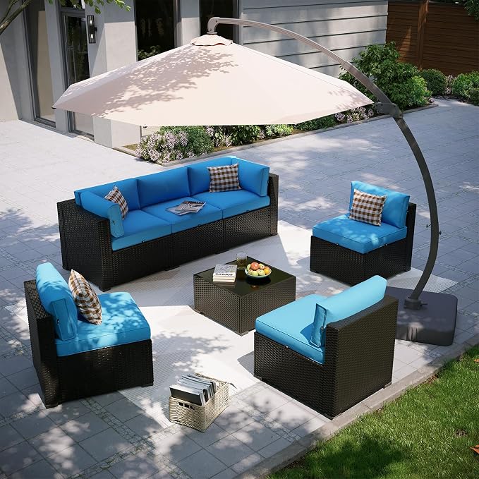 Aoxun Patio Furniture Set with Umbrella, 8 Piece Outdoor Sectional Sofas, Wicker Rattan Outdoor Furniture with Thickened Cushion for Backyard, Garden Peacock Blue
