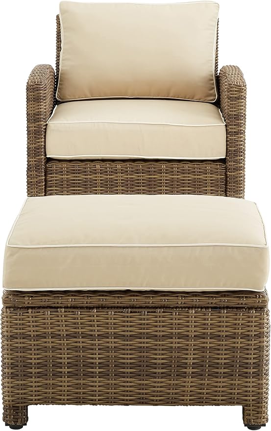 Crosley Furniture Bradenton 2-Piece Outdoor Chair and Ottoman Set, Wicker Patio Conversation Sets for Porch, Brown with Sand Cushions