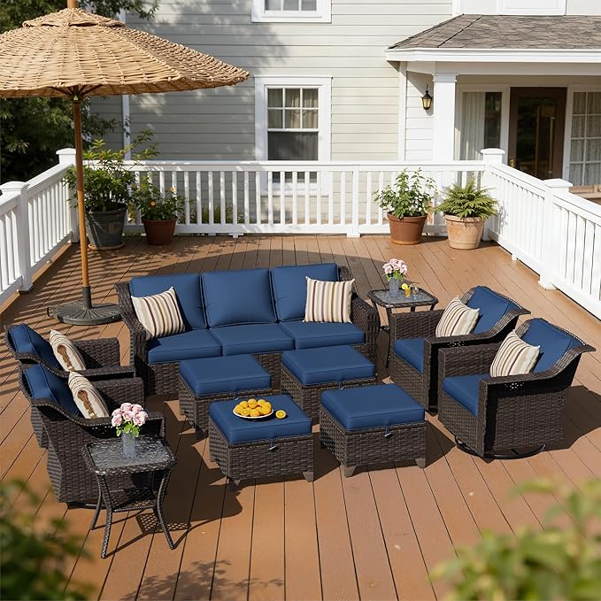 11 Pieces Patio Conversation Furniture Set - 1 Sofa, 4 Ottomans, 4 Swivel Chairs, 2 Side Tables, Outdoor Wicker Furniture with Removable Cushionsfor Porch, Balcony, Sunroom (Blue)