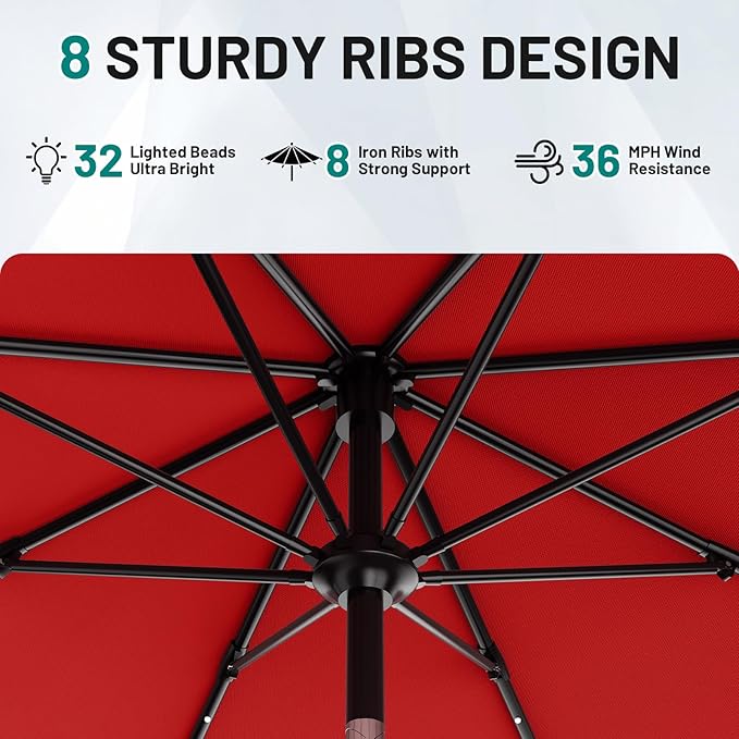 AreShark 12FT Large Patio Umbrella with Solar Lights, Solar Powered Outdoor Umbrella with Crank, Patio Table Market Umbrellas for Garden, Deck, Backyard, Pool and Beach, Red