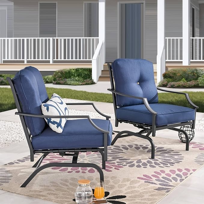 Patio Conversation Set 4 Pieces Metal Outdoor Furniture Sets Outside Loveseat with Rocking Chairs Coffee Table Thick Cushions (Blue)