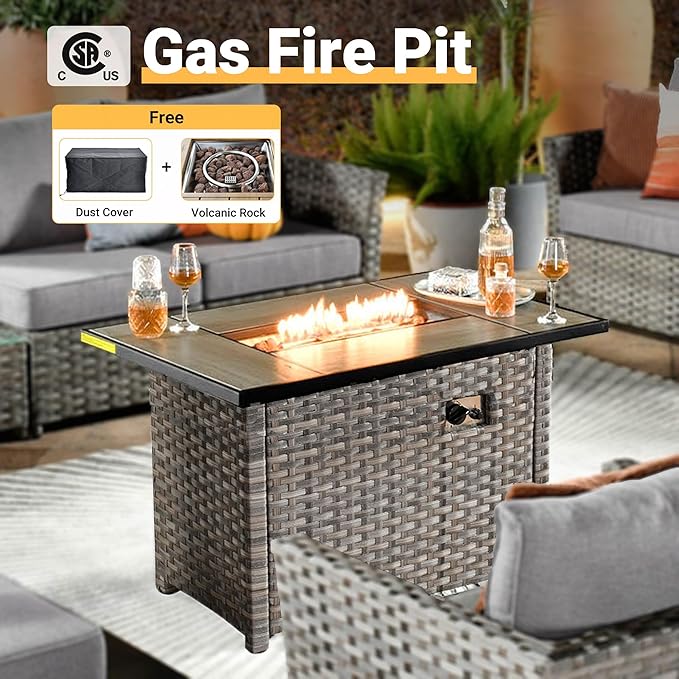 16 Pieces Patio Furniture Conversation Set with 42" Fire Pit Table Rocking Chair Outdoor Sectional Gray Wicker Sofa Set