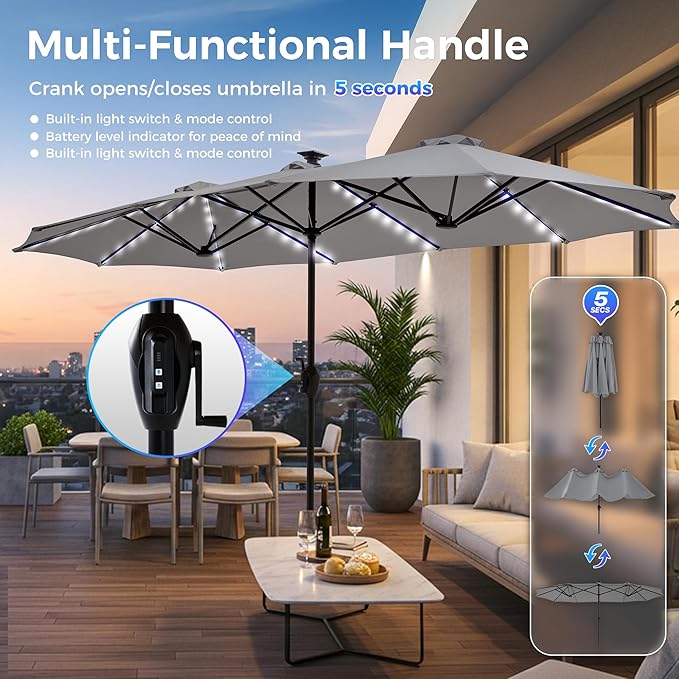 SUPERJARE 13ft Outdoor Patio Umbrella with Solar Lights, Double-sided Deck Pool Umbrella with 1.5 Inch Pole, Fade Resistant Canopy, 12 Sturdy Ribs, for Porch, Market, Backyard, Grey (No Base)