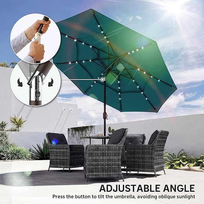 Outsunny 9.7 ft Outdoor Patio Umbrella with 32 Solar LED Lights, 3 Tier Outdoor Table Market Umbrella with Tilt and Crank, 8 Ribs for Garden, Deck, Yard, Poolside