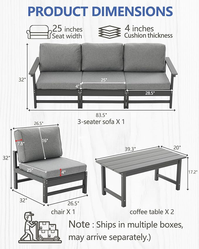 HDPE Outdoor Patio Furniture Set, 6-Piece Sofa Set with 4-Seat Couch 2 Coffee Tables, Weatherproof Conversation Set with Cushions, All-Weather Waterproof, for Garden, Porch & Backyard