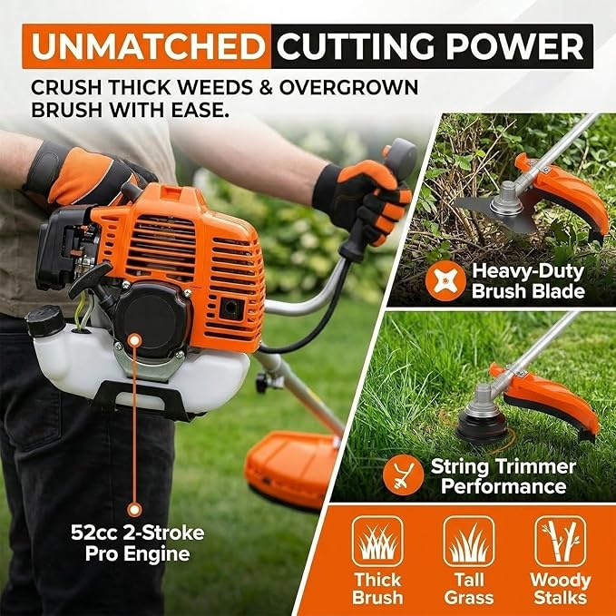 Weed Wacker Gas Powered 52cc 2-Stroke Brush Cutter and String Trimmer with 3-Teeth Blade, 2.2KW Gas Weed Eater with U-Handle for Thick Brush, Lawn and Garden Maintenance (Red)