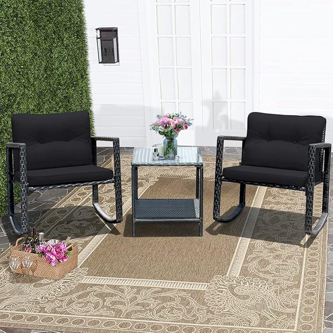 Tangkula 3 Pieces Patio Wicker Rocking Bistro Set, Outdoor Rocking Chair Furniture Set w/Cushioned Seat, Conversation Set w/Glass Coffee Table and Storage Shelf (Black)