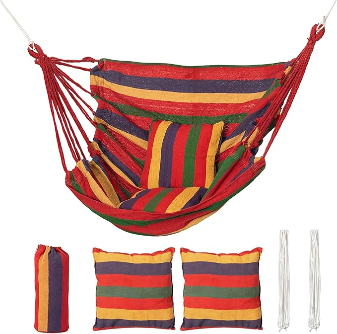 Gardenised Multicolor Striped Fabric Hanging Hammock Chair with Two Matching Cushions Hanging Ropes & Storage Bag Suitable for Patios Balconies Porches and Compatible Indoor Overhead Supports