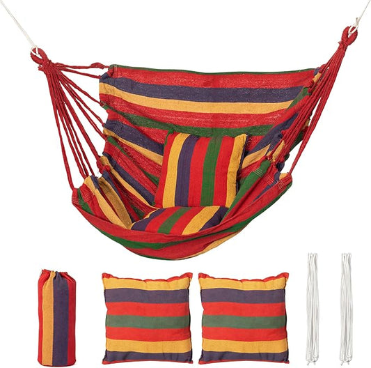 Gardenised Multicolor Striped Fabric Hanging Hammock Chair with Two Matching Cushions Hanging Ropes & Storage Bag Suitable for Patios Balconies Porches and Compatible Indoor Overhead Supports