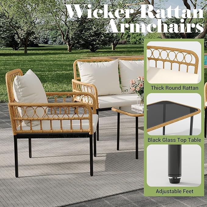 4-Piece Outdoor Wicker Patio Living Room Set – Stylish Rattan Balcony Furniture with Chaise Lounge, 2 Cushioned Armchairs, and Elegant Glass Coffee Table–Perfect for Porch or Deck Lounging