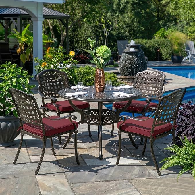 5-Piece Outdoor Patio Dining Set, All-Weather Cast Aluminum Furniture Conversation Set, Include 4 Cushioned Chairs and a 38.5” Round Table with Umbrella Hole for Balcony, Lawn, Red